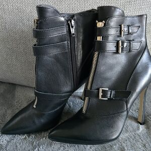 Guess Black Leather Heeled Boots with Gold Accents